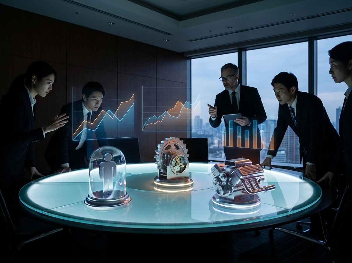 Boardroom comparing in-house, retainer, and per-lead go-to-market models