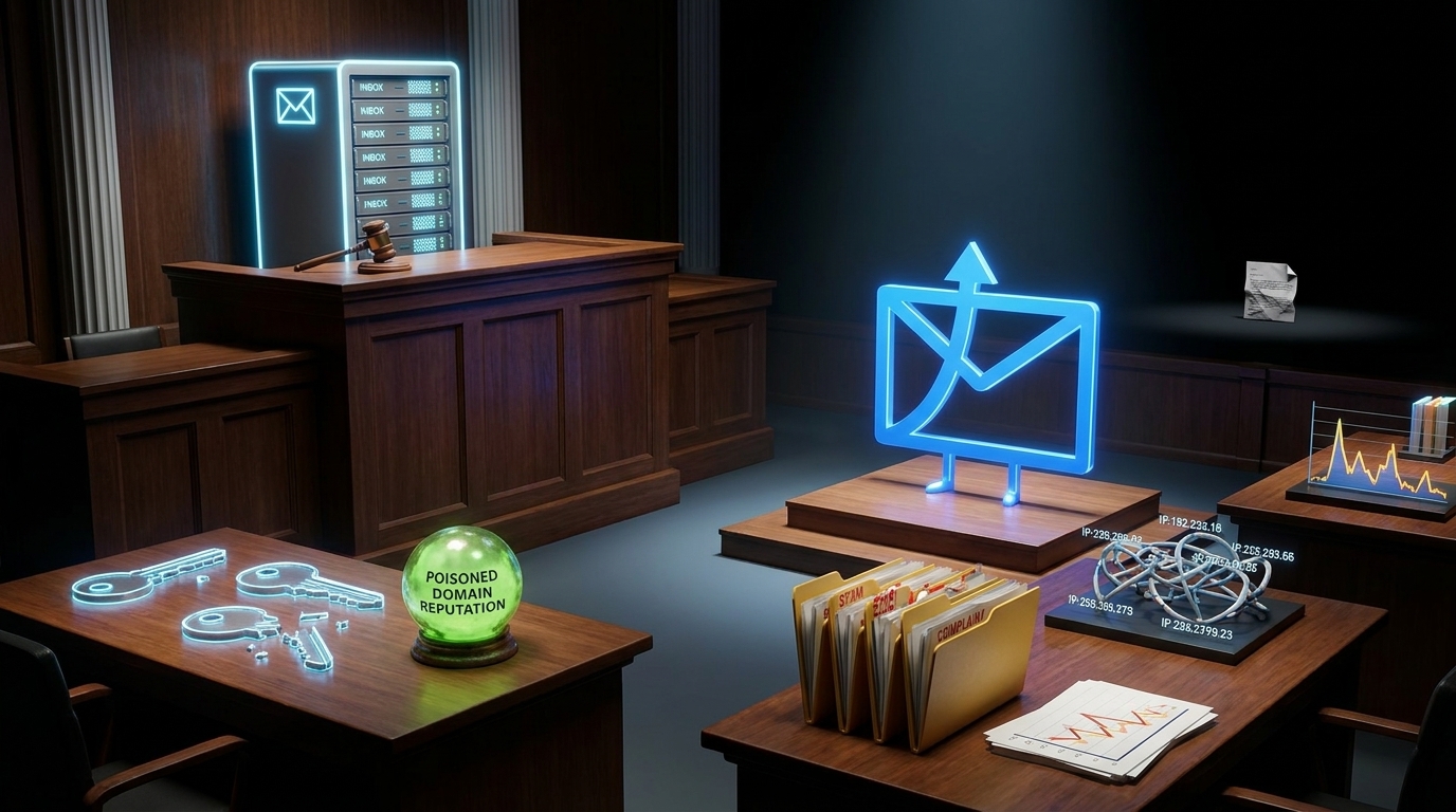 Email on trial in a futuristic courtroom while authentication and reputation watch from the bench