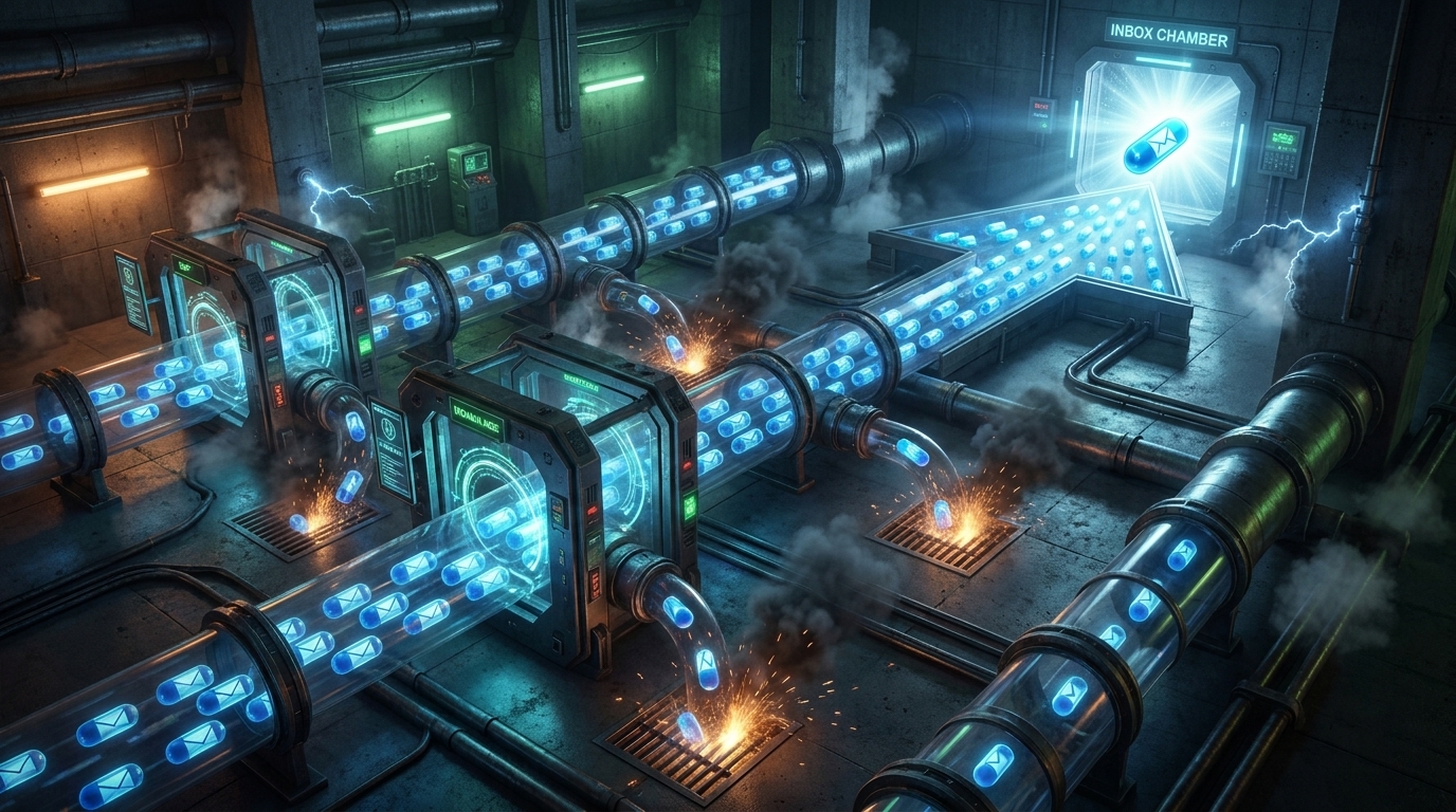 Pipeline system representing the five layers a cold email passes through to reach the inbox