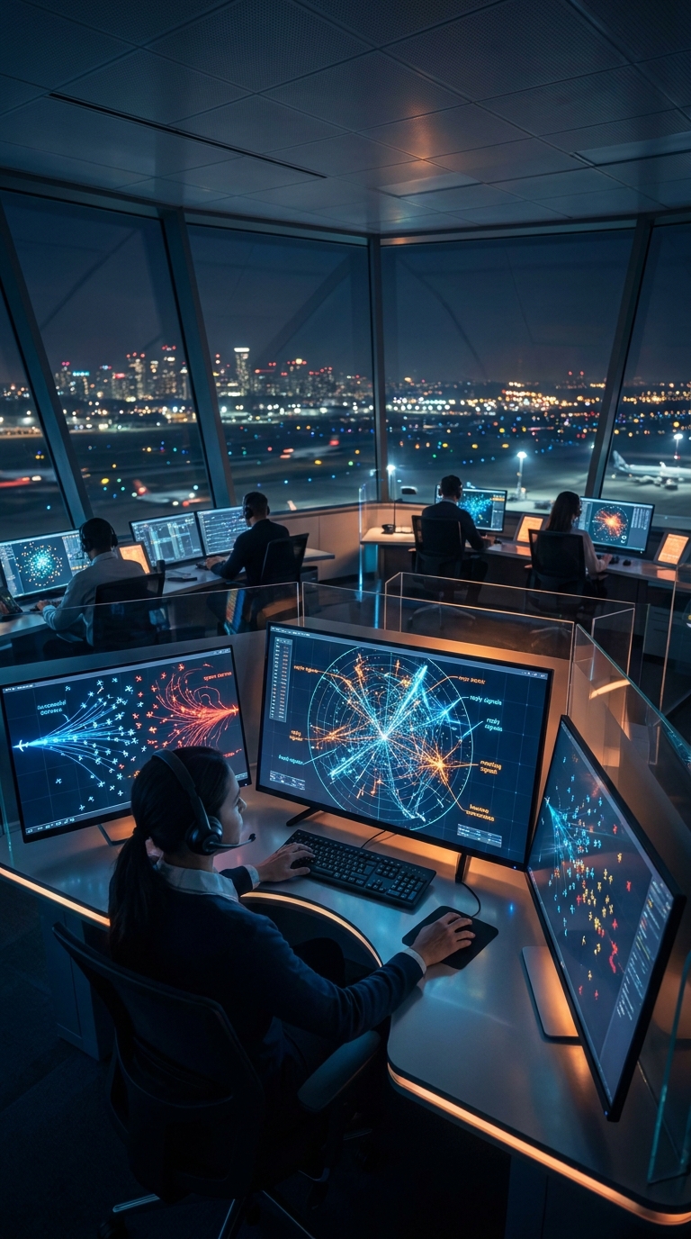 Airport control tower operator monitoring cold email reply rates from multiple data sources