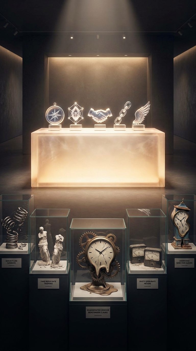 Museum exhibit of debunked cold email myths